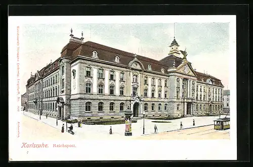 AK Karlsruhe, Reichspost mit Litfasssäule und Strassenbahn