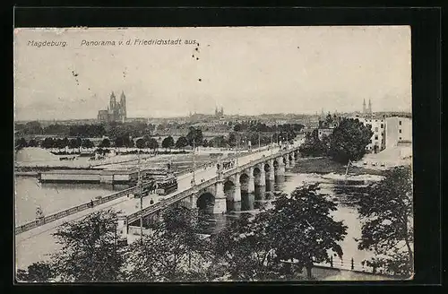 AK Magdeburg, Panorama mit Strassenbahn von der Friedrichstadt aus