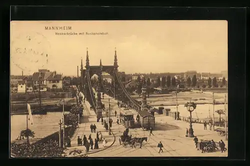 AK Mannheim, Neckarbrücke mit Neckarvorstadt und Strassenbahn