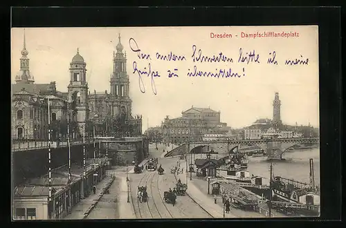AK Dresden, Dampfschifflandeplatz mit Kirche und Strassenbahn