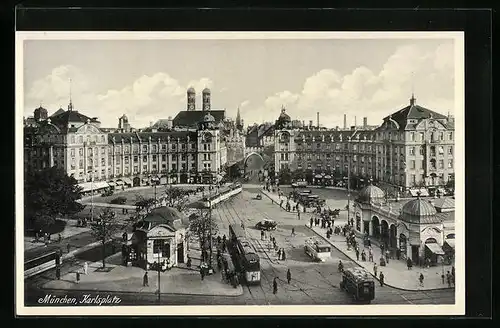 AK München, Karlsplatz mit Geschäften und Strassenbahn