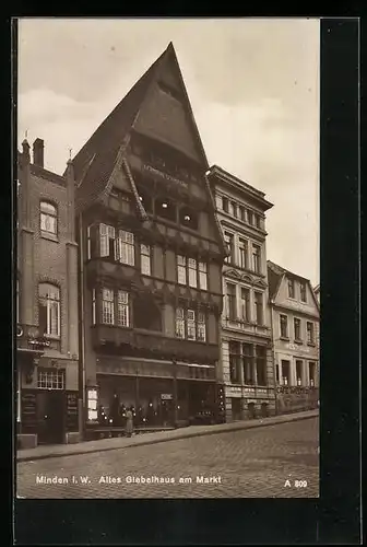 AK Minden i. W., Altes Giebelhaus am Markt