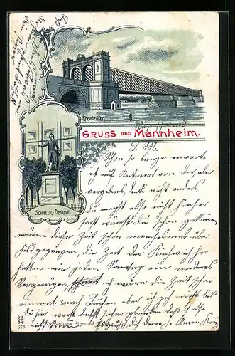 Lithographie Mannheim, die Rheinbrücke, vor dem Schiller - Denkmal