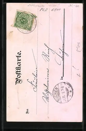 Lithographie Mannheim, die Rheinbrücke, vor dem Schiller - Denkmal