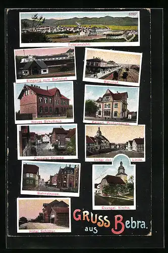 AK Bebra, Totalansicht, Eingang zum Bahnhof, Casseler Strasse, Unter der Linde, Bahnstrasse