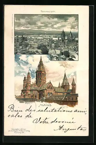 Lithographie Mainz, Totalansicht, Blick auf den Dom