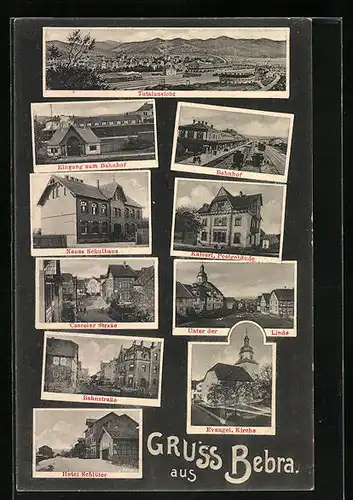 AK Bebra, Totalansicht, der Bahnhof, neues Schulhaus, Hotel Schlüter, Kaiserliches Postgebäude