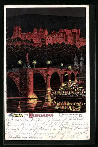 Lithographie Heidelberg, Schlossbeleuchtung von der Brücke aus gesehen