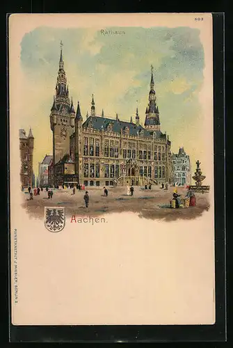 Lithographie Aachen, das Rathaus, Stadtwappen