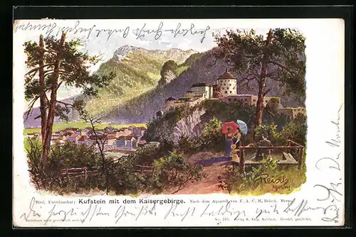 Künstler-AK F.A.C.M. Reisch: Kufstein, Panorama mit dem Kaisergebirge