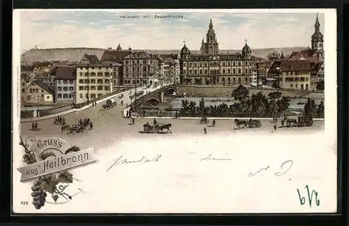 Lithographie Heilbronn, Uferpartie mit Neckarbrücke