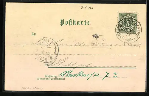 Lithographie Heilbronn, Uferpartie mit Neckarbrücke