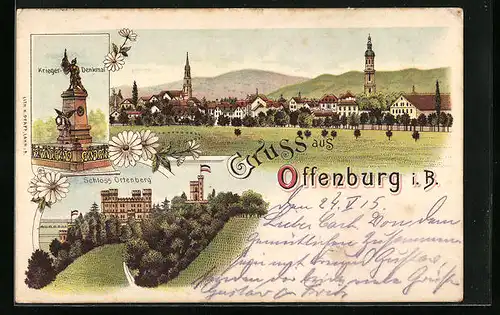 Lithographie Offenburg i. B., Teilansicht, Schloss Ortenberg, Krieger-Denkmal