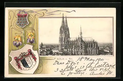 Passepartout-Lithographie Köln a. Rh., Blick zum Dom, Wappen