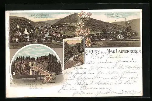 Lithographie Bad Lauterberg i. H., Teilansicht vom Eichenkopf und Kupferhütte, Burghof d. Ruine Scharzfels