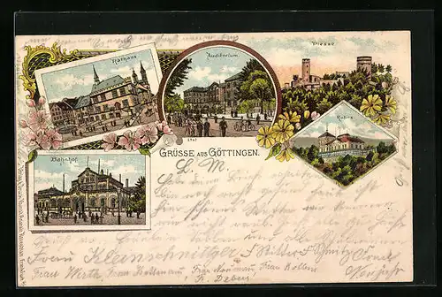 Lithographie Göttingen, Auditorium, Rathaus, Bahnhof