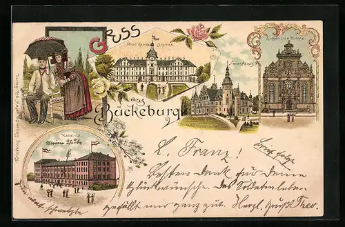 Lithographie Bückeburg, Fürstlich. Residenzschloss, Kaserne, Neues Palais