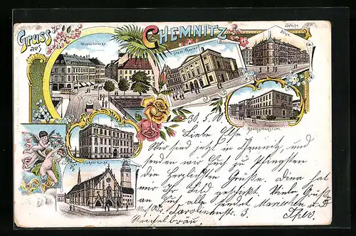 Lithographie Chemnitz, Börse, Webschule, Jakobi-Kirche