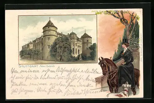 Passepartout-Lithographie Stuttgart, Altes Schloss, Frau zu Pferde mit Hund