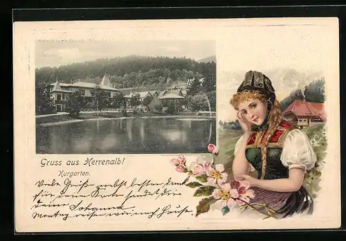 Passepartout-Lithographie Herrenalb, Kurgarten, Frau in Tracht