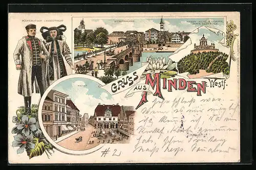 Lithographie Minden i. Westf., Weserbrücke und Kaiser Wilhelm Denkmal, Porta Westfalica, Markt