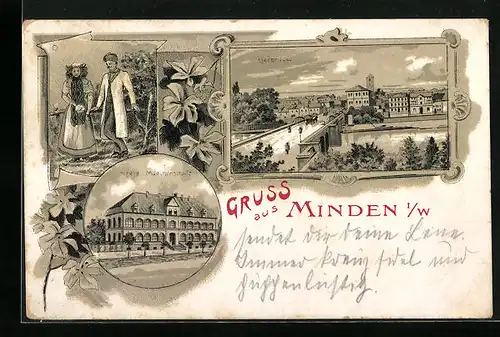 Lithographie Minden i. W., Höhere Mädchenschule, Weserbrücke