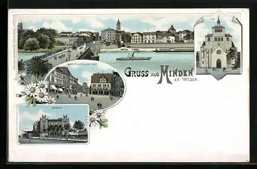 Lithographie Minden a. d. Weser, Marktplatz mit Rathaus, Bahnhof, Dom