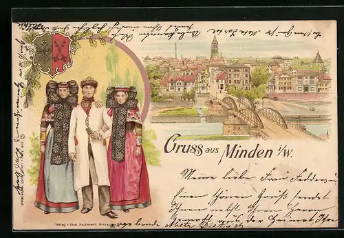 Lithographie Minden i. W., Teilansicht mit Brücke, Mann u. zwei Frauen in Tracht