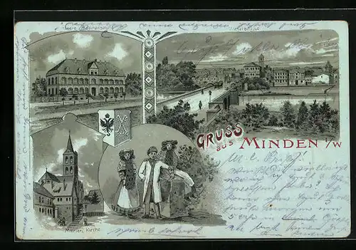 Lithographie Minden i. W., Höhere Mädchenschule, Marienkirche, Weserbrücke