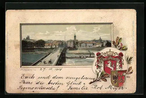 Passepartout-Lithographie Minden i. W., Uferpartie mit Brücke, Wappen