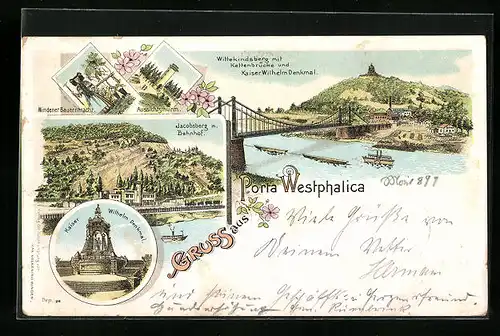 Lithographie Porta Wetphalica, Jacobsberg mit Bahnhof, Kaiser Wilhelm Denkmal, Aussichtsturm