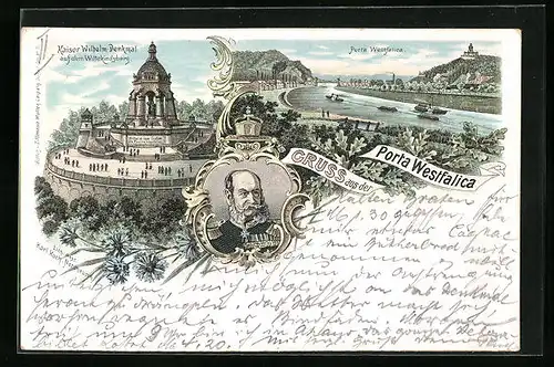 Lithographie Porta Westfalica, Kaiser Wilhelm Denkmal auf dem Wittekindsberg, Panorama