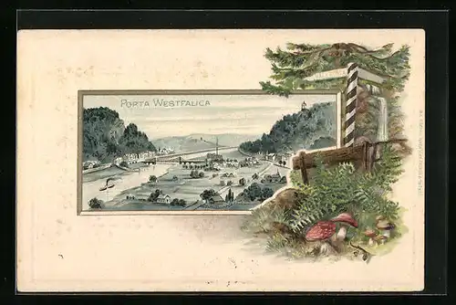 Passepartout-Lithographie Porta Westfalica, Panorama mit Denkmal