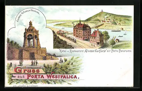 Lithographie Porta Westfalica, Hotel und Restaurant Grosser Kurfüst mit Porta-Panroama, Kaiser-Wilhelm-Denkmal