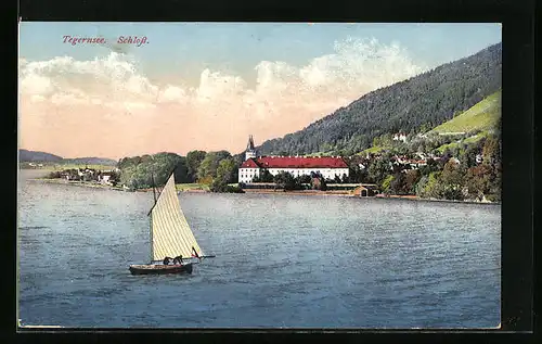 AK Tegernsee, Segelschiff mit Blick auf das Schloss