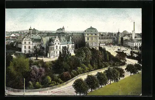 AK Darmstadt, Schlossansicht v. Museumsturm aus gesehen