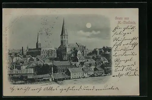 Mondschein-AK M.-Gladbach, Teilansicht mit Kirche