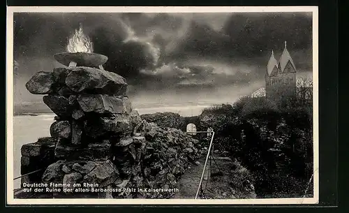 AK Kaiserswerth am Rhein, Deutsche Flamme auf der Ruine der alten Barbarossa-Pfalz