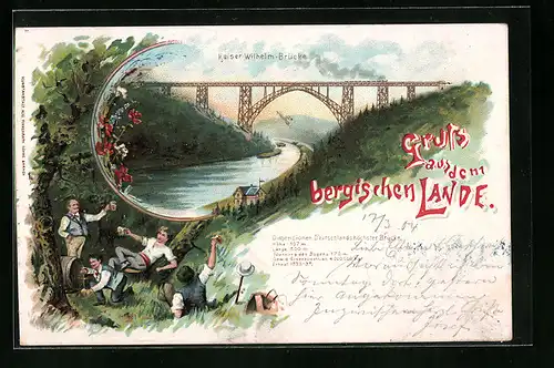 Lithographie Müngsten, Kaiser Wilhelm-Brücke, Herren beim Biertrinken im Gras