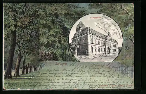 Passepartout-AK Solingen, Postgebäude, Waldidylle