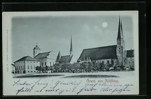 Mondschein-AK Altötting, Teilansicht mit Kirchen