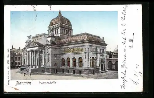 Goldfenster-AK Barmen, Ruhmeshalle mit leuchtenden Fenstern