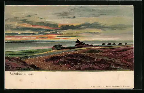 Künstler-AK Schobüll, Blick zur Kirche und aufs Meer