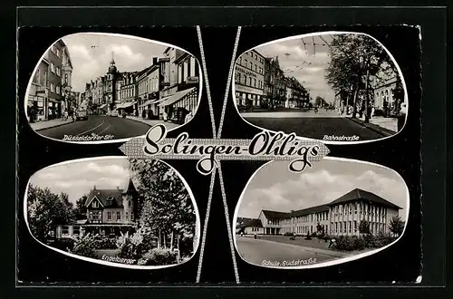 AK Solingen-Ohligs, Bahnstrasse, Schule Südstrasse, Engelberger Hof, Düsseldorfer Strasse
