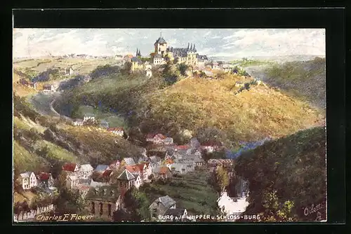 Künstler-AK Charles F. Flower: Burg a. d. Wupper, Gesamtansicht mit Schloss-Burg
