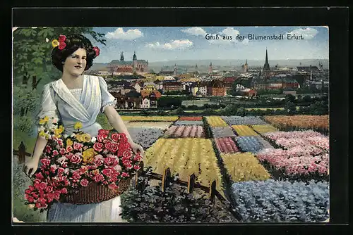 AK Erfurt, Stadtpanorama, Blumenfrau und Blumenbeete