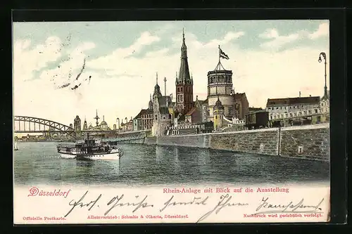 AK Düsseldorf, Rhein-Anlage mit Blick auf die Ausstellung