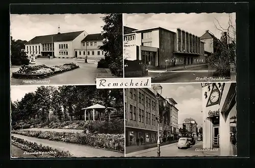 AK Remscheid, Hauptbahnhof, Stadttheater, Alleestrasse, Staudengarten