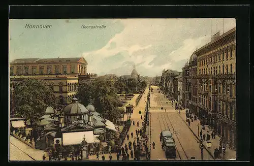 AK Hannover, Strassenbahn und Passanten in der Georgstrasse