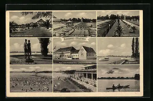 AK Hannover, Maschsee, Gaststätte, Promenade, Menschenpaar von Kolbe, Strandbad, Paul von Hindenburg Jugendherberge